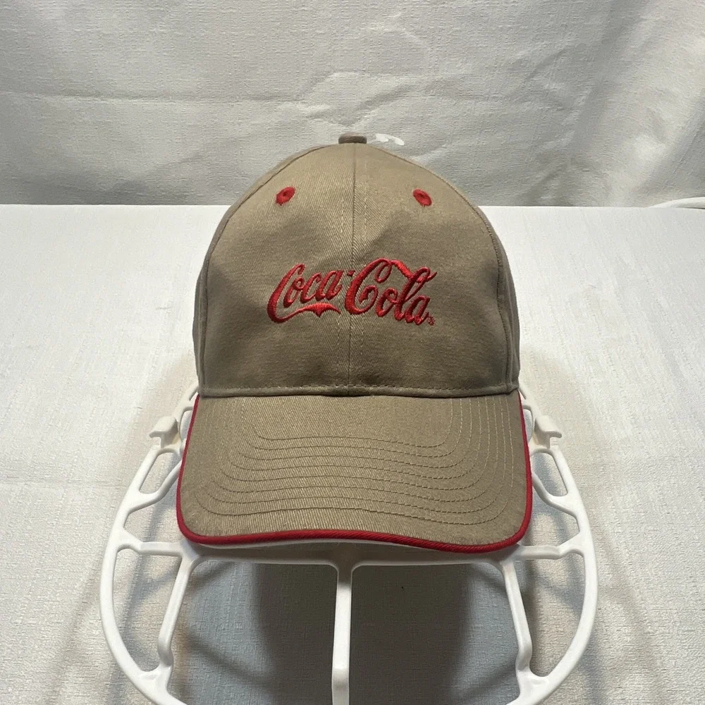 Coca-Cola Beige Baseball Cap Hat Red Embroidered Coca-Cola Logo Soda Theme